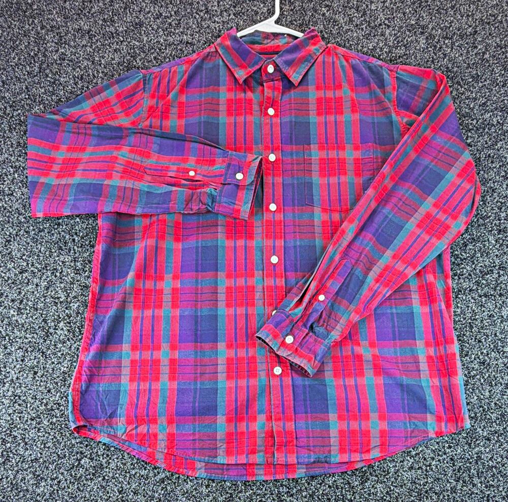 GAP Men's L Red Blue Green Purple Cotton Spandex Plaid L/S Point Collar Pockets